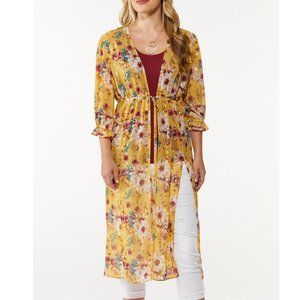 Shimmer Front Tie Kimono Metallic Gold  with Burgundy Print Size XL NWT